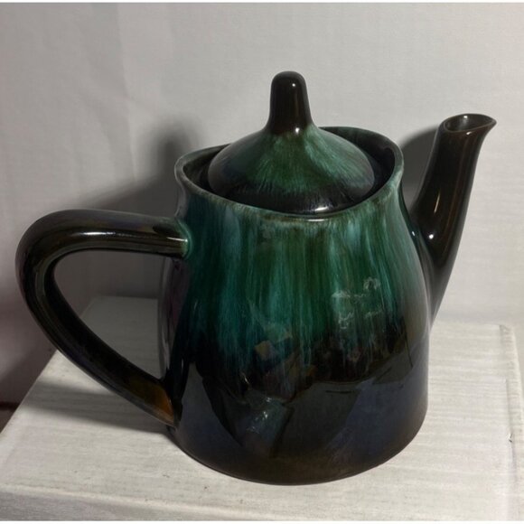Vintage Blue Mountain Pottery Teapot Green Drip Glaze Ceramic With Lid 6.25" Tal - Picture 3 of 8